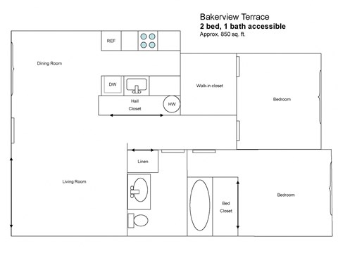 a floor plan of a 2 bed 1 bath accessible apartment